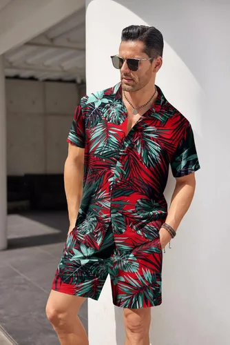 Vista 3 de COOFANDY Men's Hawaiian Shirt and Short Set Flower 2-pieces Beach Outfit with Bucket Hats
