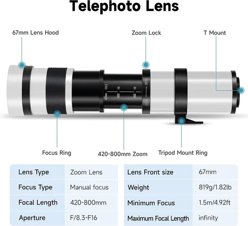 Vista 5 de JINTU 420-1600mm F/8.3 Lente de Zoom Telefoto Enfoque Manual para Lentes de Montura EF de Canon 4000D 2000D 1200D T8i T7 T7i T6 T6s T6i T5 T5i 80D