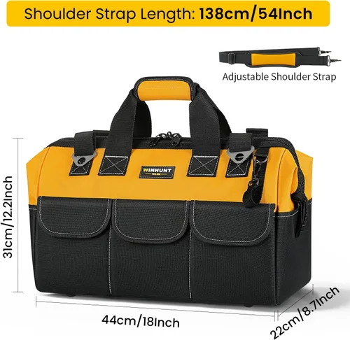 Vista 2 de WINHUNT Bolsa de herramientas premium, 14 bolsillos, 18 pulgadas, negro/amarillo, correa de hombro ajustable