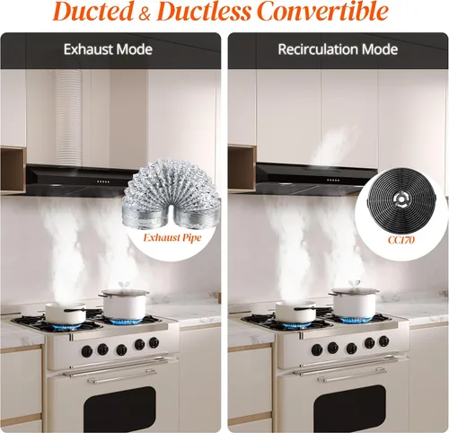 Vista 7 de FIREGAS Campana de Ventilación Negra de 30 Pulgadas para Debajo del Gabinete, Campana de Cocina Convertible con y sin Conductos, 300 CFM, Ventilador