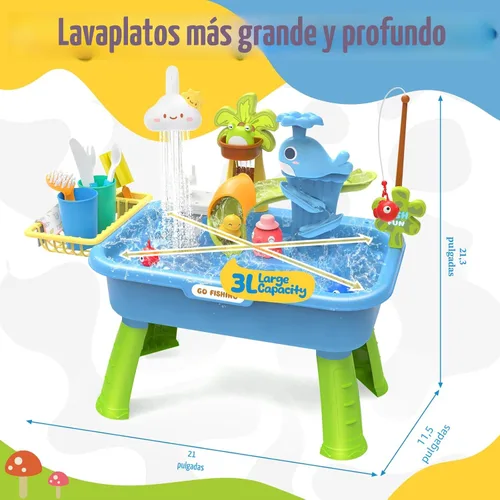 Vista 7 de Fregadero de juego de 21 pulgadas de alto con agua corriente, fregadero de cocina 4 en 1 para niños con grifo eléctrico, mini mesa de agua con patas