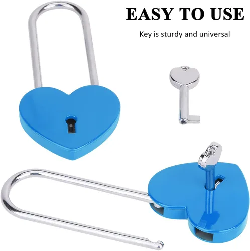 Vista 3 de 2 candados de corazón con candado de amor, corazón azul con llave para los amantes de la boda, día de San Valentín, aniversario, viajes (con llave)