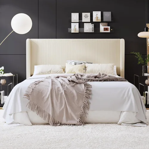Vista 19 de SHA CERLIN - Base de cama tamaño Full tapizada en pana con plataforma y cabecera acolchada con diseño acanalado vertical estilo wingback, 8