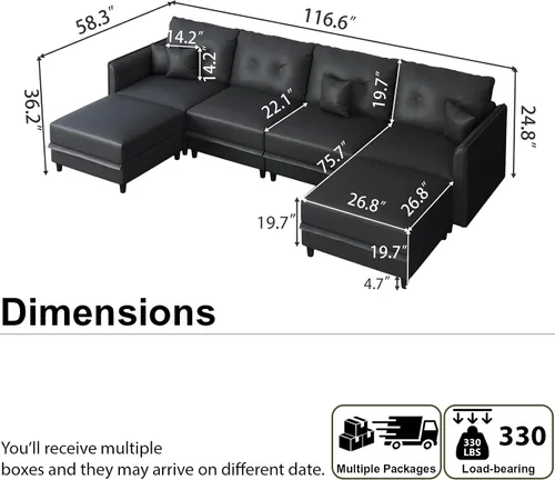Vista 2 de LLappuil Sofá cama modular en forma de U de 6 plazas con almacenamiento, asiento profundo de piel sintética para sala de estar, impermeable y Negro