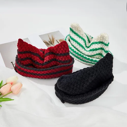 Vista 7 de Century Star Gorros de ganchillo para mujer, gorro de gato, gorro de invierno cálido de punto a rayas, accesorios de gorra Y2K, gorros holgados