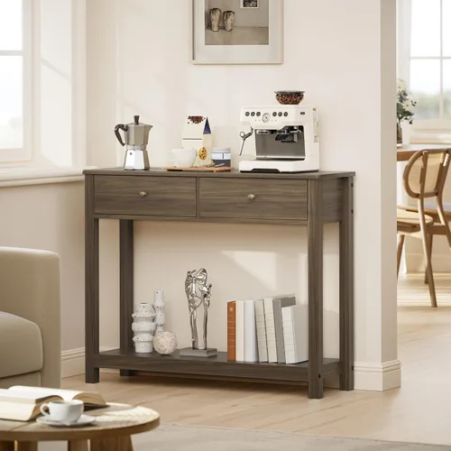 Vista 6 de Gizoon - Mesa de consola con 2 cajones, mesa de entrada de 2 niveles de madera con estantes de almacenamiento, mesa de sofá de 39" de ancho