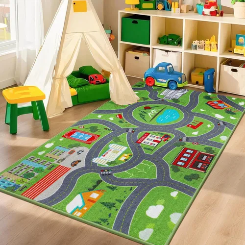 Vista 2 de BEQHAUSE Alfombra de juego para niños, alfombra de tráfico de ciudad verde, ideal para jugar con autos, alfombra de área de juegos de 32 x 60