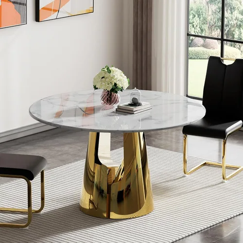 Vista 31 de Mesa de comedor de mármol negro para 4, 6, 70 pulgadas, moderna mesa de comedor de cocina dorada con base de acero inoxidable con diseño de Oro