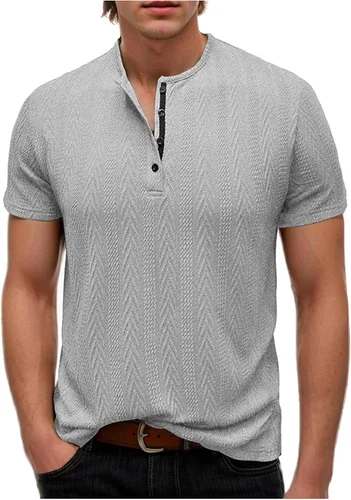 Vista 7 de Men's Knit Henley Shirts Jacquard Texture Fashion Golf Tops Summer Button Down Short Sleeve Casual Workout T-Shirts