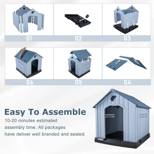 Vista 6 de LEMBERI Casa de perro de plástico impermeable duradera para perros de tamaño pequeño a mediano, caseta para perros para interiores y exteriores