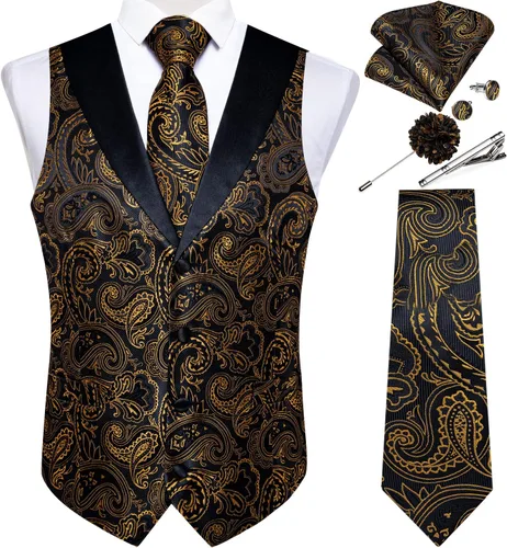Vista 36 de DiBanGu Chaleco de traje de cachemira para hombre, chaleco jacquard de seda y corbata, chaleco formal de cuello de chal, 7 piezas para fiesta