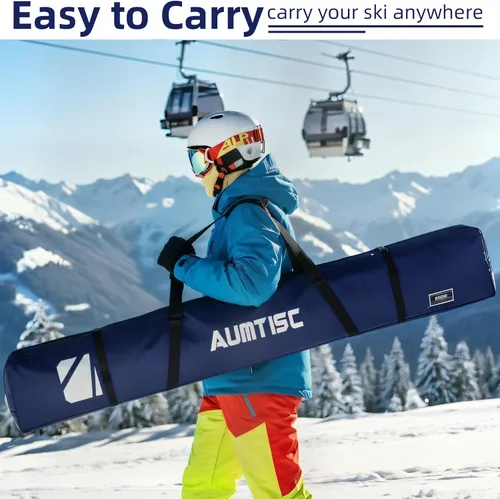 Vista 7 de AUMTISC Bolsa de esquí totalmente acolchada, bolsas de esquí individuales para viajes aéreos, bolsa de esquí de nieve impermeable para volar con asa