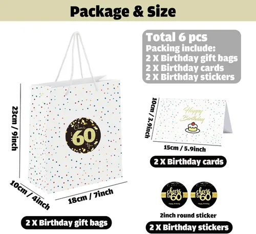 Vista 2 de Sumerk 60 bolsas de regalo para cumpleaños 60 - Paquete de 2, incluye 2 tarjetas y 2 hojas de calcomanías