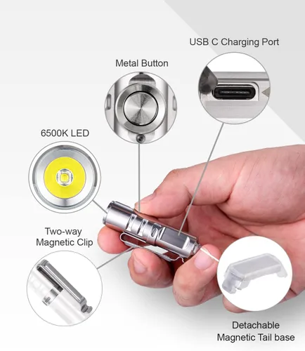 Vista 2 de RovyVon Aurora A2 G4 - Linterna de llavero brillante USB C recargable EDC, linterna de 650 lúmenes con clip magnético pequeño, función de bloqueo
