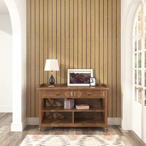 Vista 4 de Paneles de madera marrón para despegar y pegar, panel de listones de pared de madera sintética acústica con textura 3D, autoadhesivo, insonorizado