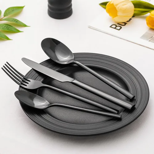 Vista 3 de Juego de cubiertos negros KINGSTONE, juego de 20 piezas de cubertería forjada de acero inoxidable premium, servicio para 4, para cocina, hogar