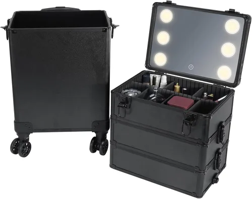 Vista 5 de Karl home estuche de maquillaje 4 en 1, carro de cosméticos rodante, organizador de viaje de gran capacidad con llave, ruedas giratorias 360°