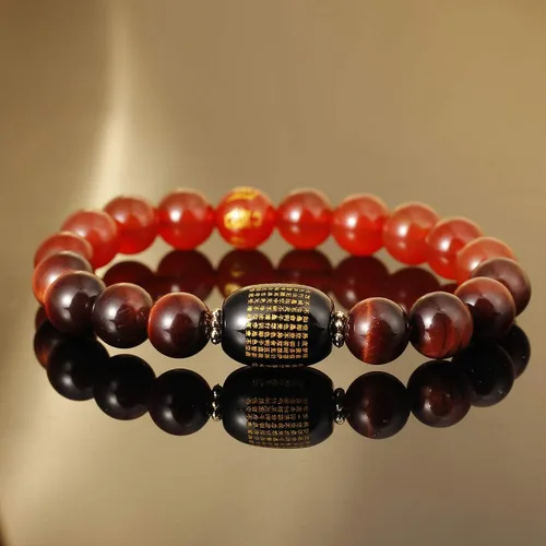 Vista 2 de Jewever Pulsera de triple protección Feng Shui, brazalete curativo, ojo de tigre, obsidiana, cuentas de ágata sutra de 0.394 in, amuleto de piedra