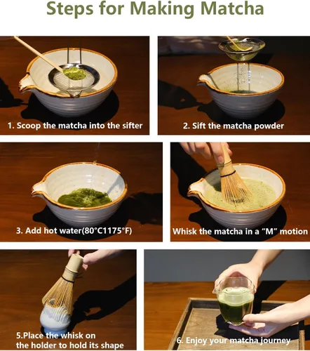 Vista 13 de Juego de batidor de matcha, juego de matcha, kit de matcha, cuenco de matcha con boquilla, cuchara, tamiz, batidor de bambú, soporte de Chasen