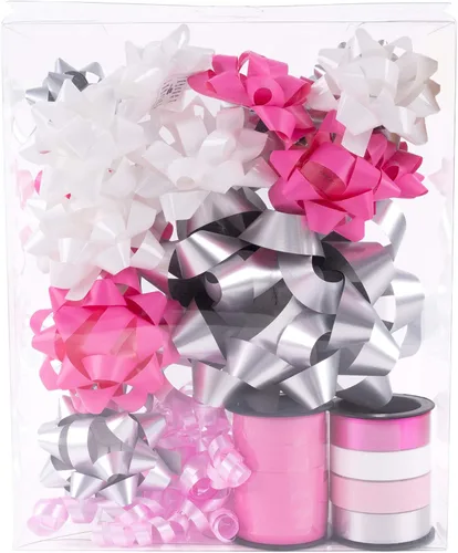 Vista 4 de WRAPAHOLIC Surtido de 19 lazos de regalo, 16 lazos de regalo de varios colores (rosa, blanco, plateado), 2 cintas rizadoras prensadas, 1 lazo rizado
