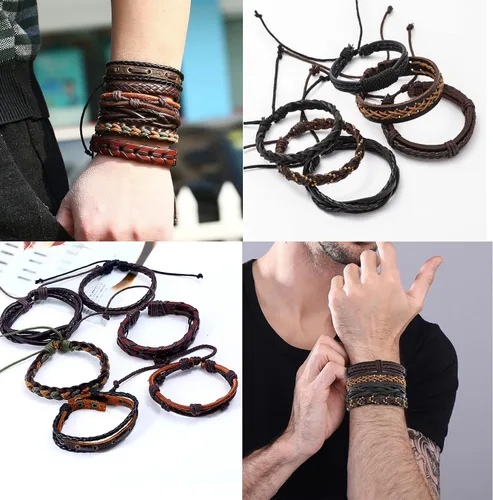 Vista 4 de FIRAZIO Juego de 42 pulseras de cuero trenzado para hombres y mujeres, pulseras de cuentas de madera, cuerdas de cáñamo, étnicas tribales hechas a