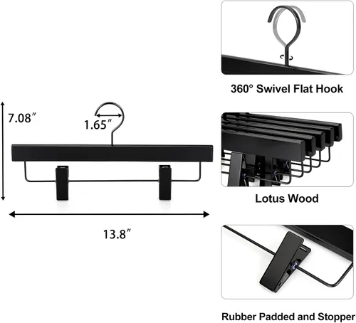 Vista 4 de TOPIA HANGER Perchas de madera negra para pantalones, perchas de falda de madera con clips, percha de lujo para jeans con gancho plano anti-óxido