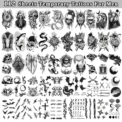 Vista 6 de Cerlaza 112 hojas de tatuajes temporales para hombres adultos, tatuajes falsos para cuello, brazo, dedo, tatuajes temporales, tigre, lobo, león