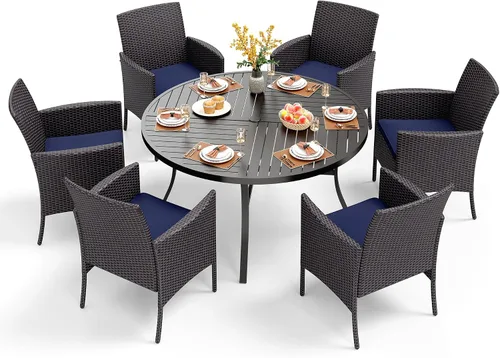 Vista 25 de PHI VILLA Juego de comedor al aire libre de 5 piezas para 4, mesa de comedor cuadrada de metal y sillas de mimbre de ratán con cojines, muebles