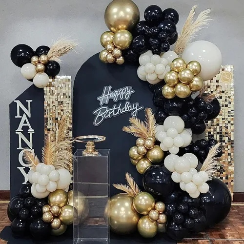 Vista 8 de Kit de arco de guirnalda de globos negros dorados plateados 144 piezas de diferentes tamaños, decoraciones para año nuevo, cumpleaños, boda