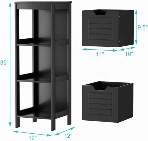 Vista 3 de Tangkula Armario de suelo de baño, torre de almacenamiento de madera estrecha con 2 cajones conmutables, almacenamiento lateral multifuncional