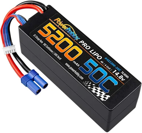 Vista 4 de Powerhobby 4S 14.8V 5200mAh 50C Lipo - Estuche rígido con batería de 4 celdas con enchufe EC5, paquete de 2