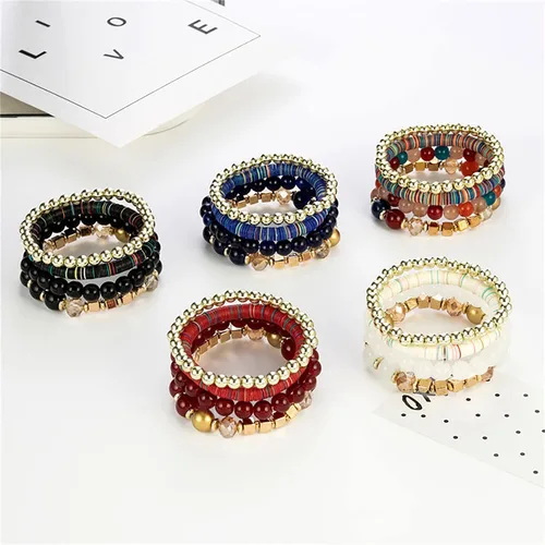 Vista 6 de Pulseras apilables de cuentas para hombre y mujer juego de pulseras elásticas multicapa joyería multicolor reloj de correa de cuero para hombre