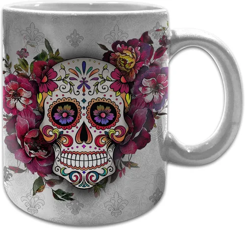 Vista 14 de Sweet Gisele Taza de cerámica de calavera de azúcar, taza de café con estampado floral, diseño del Día de los Muertos, hermosos colores vivos, gran