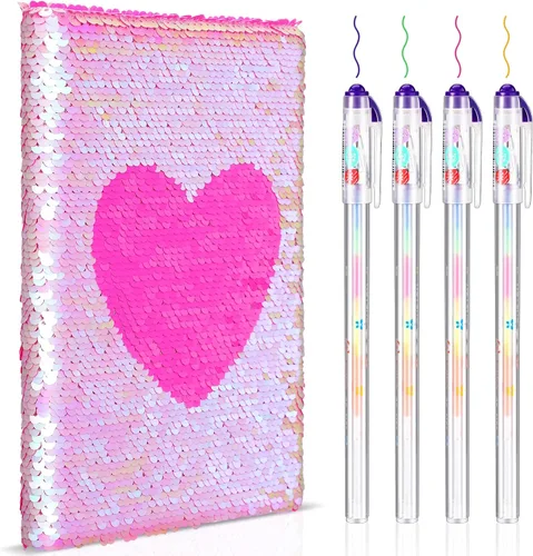 Vista 10 de Outus Juego de diario de lentejuelas para niñas con 4 bolígrafos de tinta de gel de color, diario reversible, cuaderno de lentejuelas con purpurina
