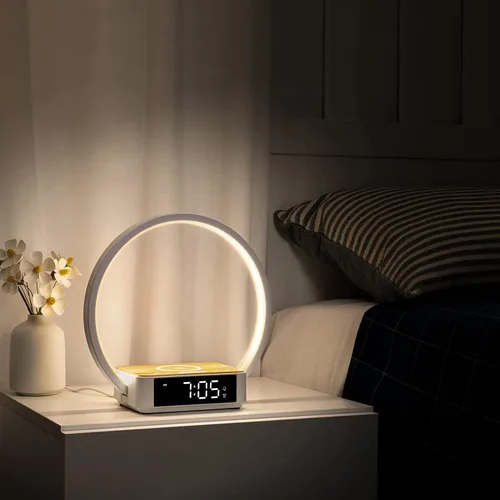 Vista 9 de WILIT Lámpara de mesita de noche con reloj despertador, lámpara táctil con cargador inalámbrico, luz nocturna para dormitorio, luz de despertar