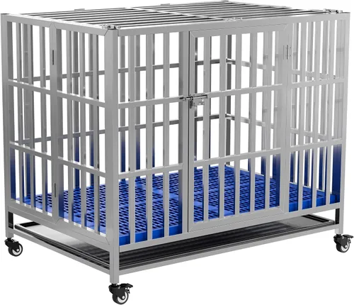Vista 9 de Jaula plegable de acero inoxidable para perros, 30, 37, 42, 48 pulgadas, rueda con cerradura, con bandeja, apilable, resistente, divisor