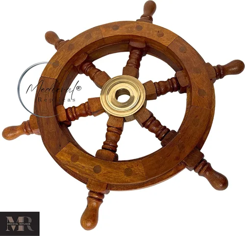 Vista 8 de Medieval Replicas Rueda de latón Rueda de barco de madera náutica 12 pulgadas, 12 pulgadas