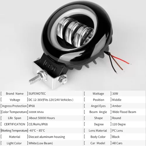 Vista 2 de Luz Antiniebla Redonda de 5 Pulgadas 30W Pods LED Blancos Haz de Inundación Para Automóvil 4x4 Todoterreno Camión 12V 24V LED Ojos de Ángel Ámbar