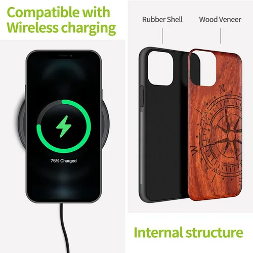 Vista 5 de Carveit Funda de madera para iPhone 11 Pro Max [madera real dura y TPU suave negro] a prueba de golpes, protector de teléfono de madera único