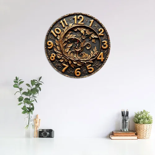 Vista 3 de Reloj de pared de madera con corona de hojas con acabado en bronce 9.8x9.8 in