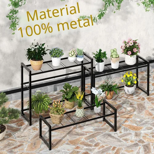 Vista 5 de Simple Trending Soporte de metal de 3 niveles para plantas al aire libre e interior, impermeable, apilable, resistente, estante alto para plantas