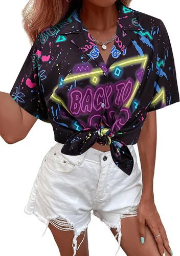 Vista 5 de MYHALF Traje de los años 80 para mujer, camisas de neón de los años 80, trajes de fiesta temática de los años 80 y 90, trajes retro de manga corta