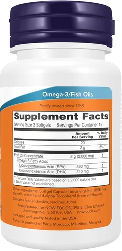 Vista 2 de NOW Foods Suplementos, Omega-3 180 EPA / 120 DHA, Destilado molecularmente, Apoyo cardiovascular*, 30 cápsulas blandas