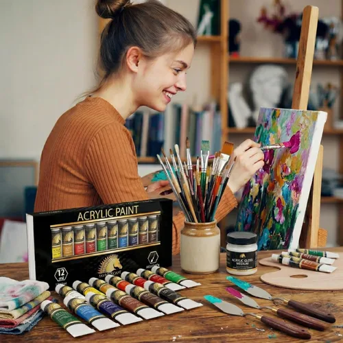 Vista 9 de Juego de pintura acrílica. Pinturas artísticas de calidad para pintar lona, madera, arcilla, tela, uñas, cerámica y artesanías. 12 colores vibrantes