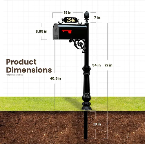 Vista 10 de Charleston sistema de buzón y poste – Buzón negro resistente a la oxidación – Incluye placa de dirección, números, pergamino y accesorios de montaje