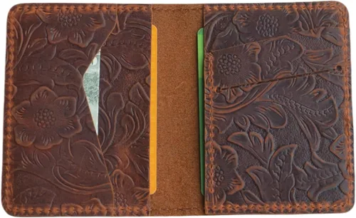 Vista 9 de JJNUSA Billetera de cuero minimalista hecha a mano para hombre, diseño de flores marrones
