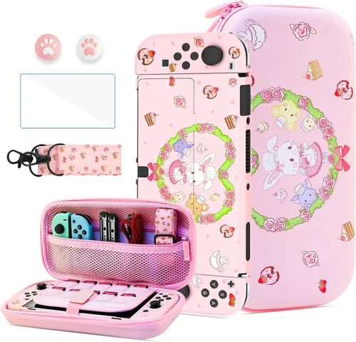 Vista 9 de HYPERCASE 8 in 1 Cute Anime Switch OLED Accessories Bundle, with Pink Switch OLED Carrying Travel Case, Hard PC Protective Cover Skin, HD Screen