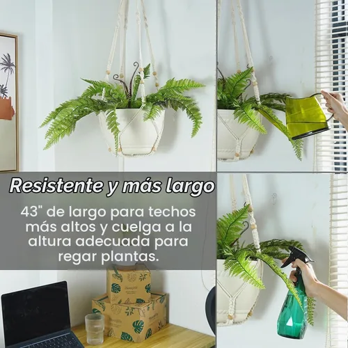 Vista 2 de Bouqlife Colgador de macramé de 43 pulgadas para macetas de 14 pulgadas, extra largo, sin borlas, cuerda de algodón, soporte para plantas colgantes