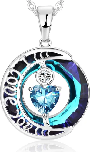 Vista 26 de Collares de cristal para mujer, regalos para aniversario de esposa, regalos de cumpleaños para mujeres, collar de zafiro azul con la frase "I Love
