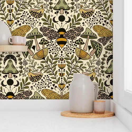 Vista 8 de Muestras de papel tapiz autoadhesivo - Nouveau Naturaleza Verde Amarillo Mariposa Naturaleza Bosque Plantas Art Nouveau Polilla Bohemia Abeja